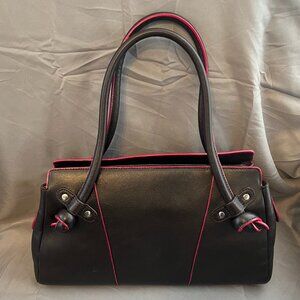 Black Leather Handbag, with Raspberry Red Contrast Edges, Preston & York